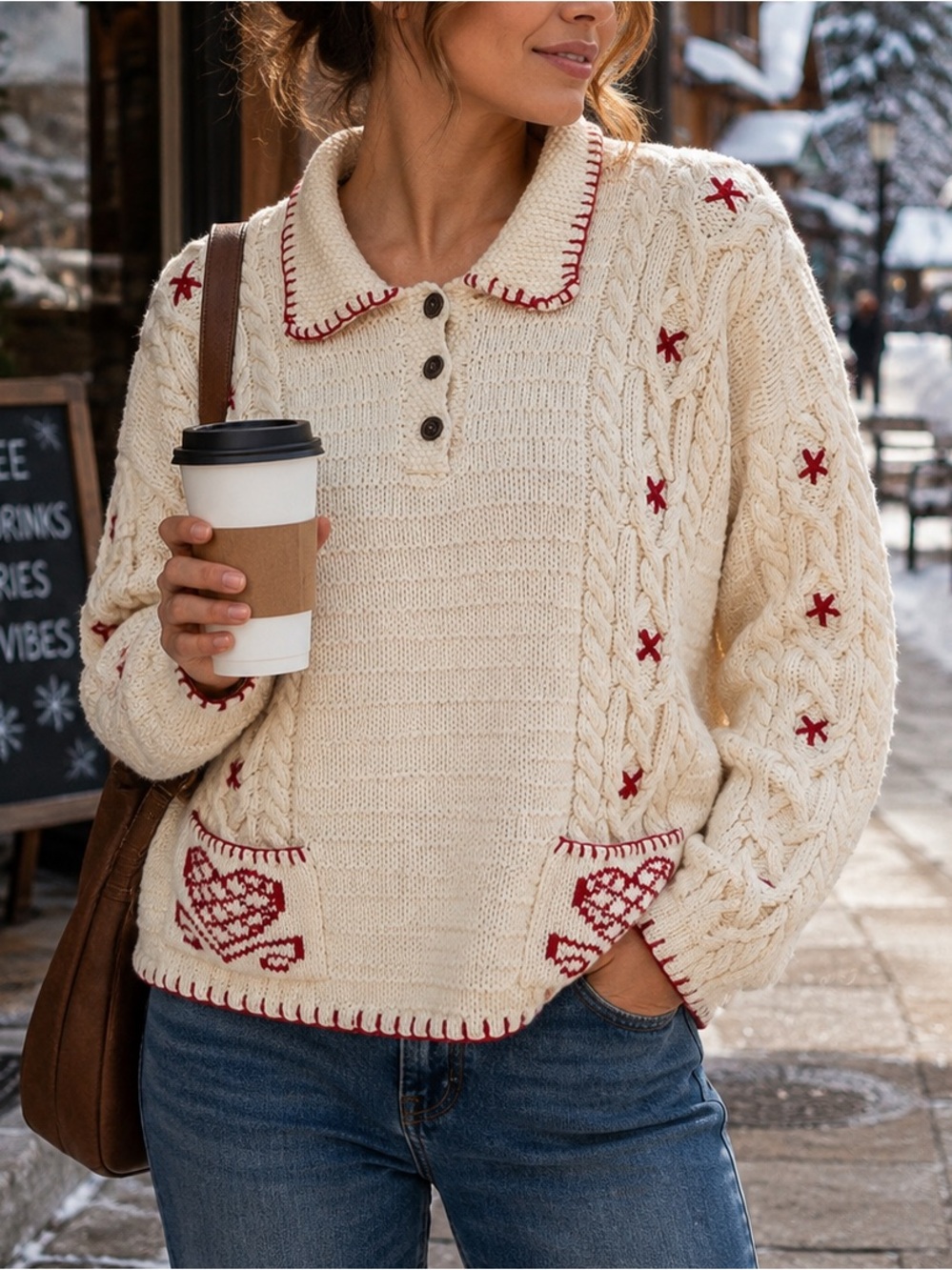 Willow Ridge 100% Cotton Cable Knit Sweater Sz M Cream Red Nordic Apres Ski Cozy